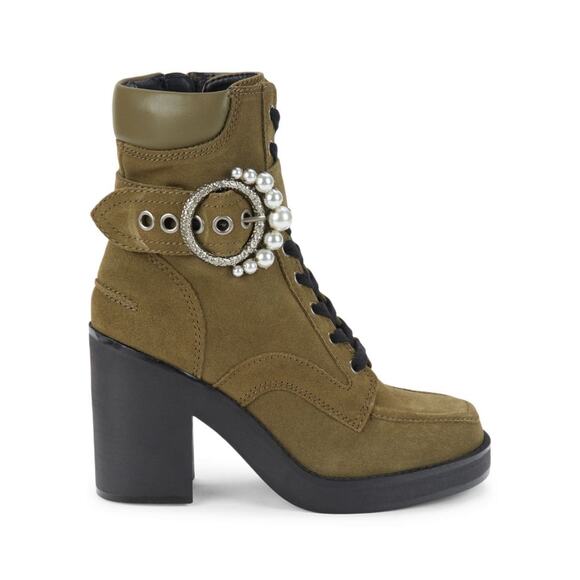 KARL LAGERFELD Dottie Faux Pearl Suede Heeled Ankle Boots Olive Green Size 6M - Picture 1 of 9